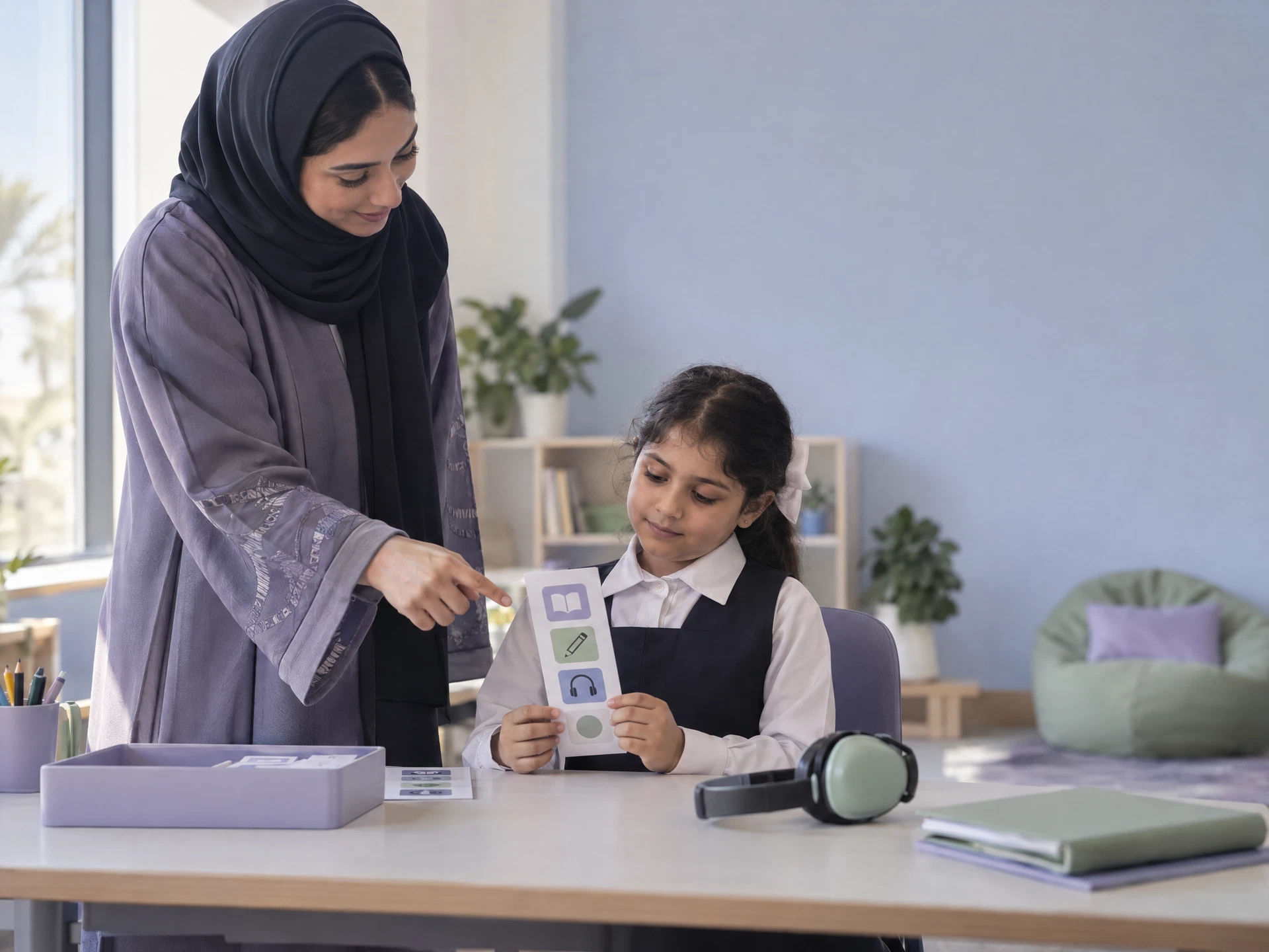 طالبة سعودية تستخدم جدولًا بصريًا في ركن تعلم هادئ