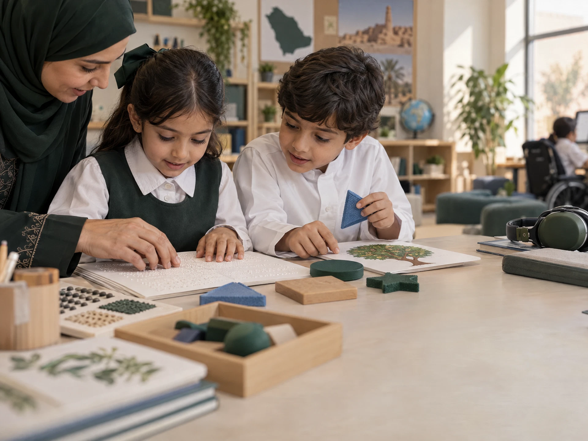 طالبان سعوديان يستكشفان أدوات تعلم متنوعة مع معلمة