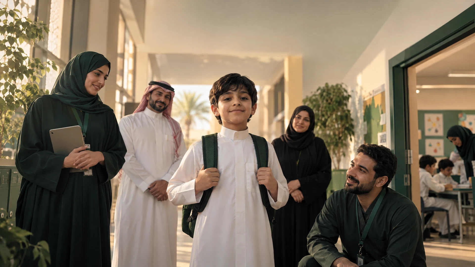 طالب سعودي في مركز مشهد يجمع الأسرة والمعلمين والمتخصصين في بيئة مدرسية