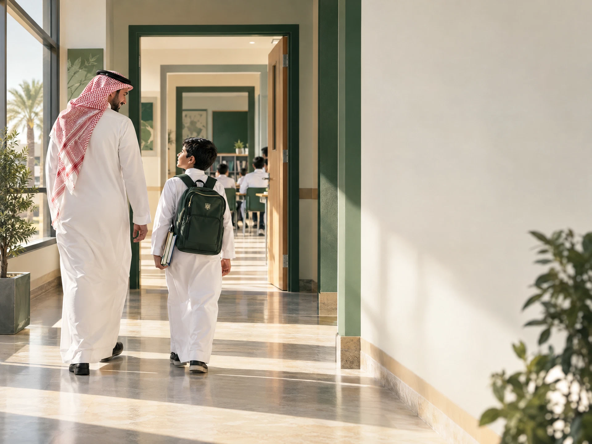 طالب سعودي ومعلم يسيران في ممر مدرسي إلى الفصل