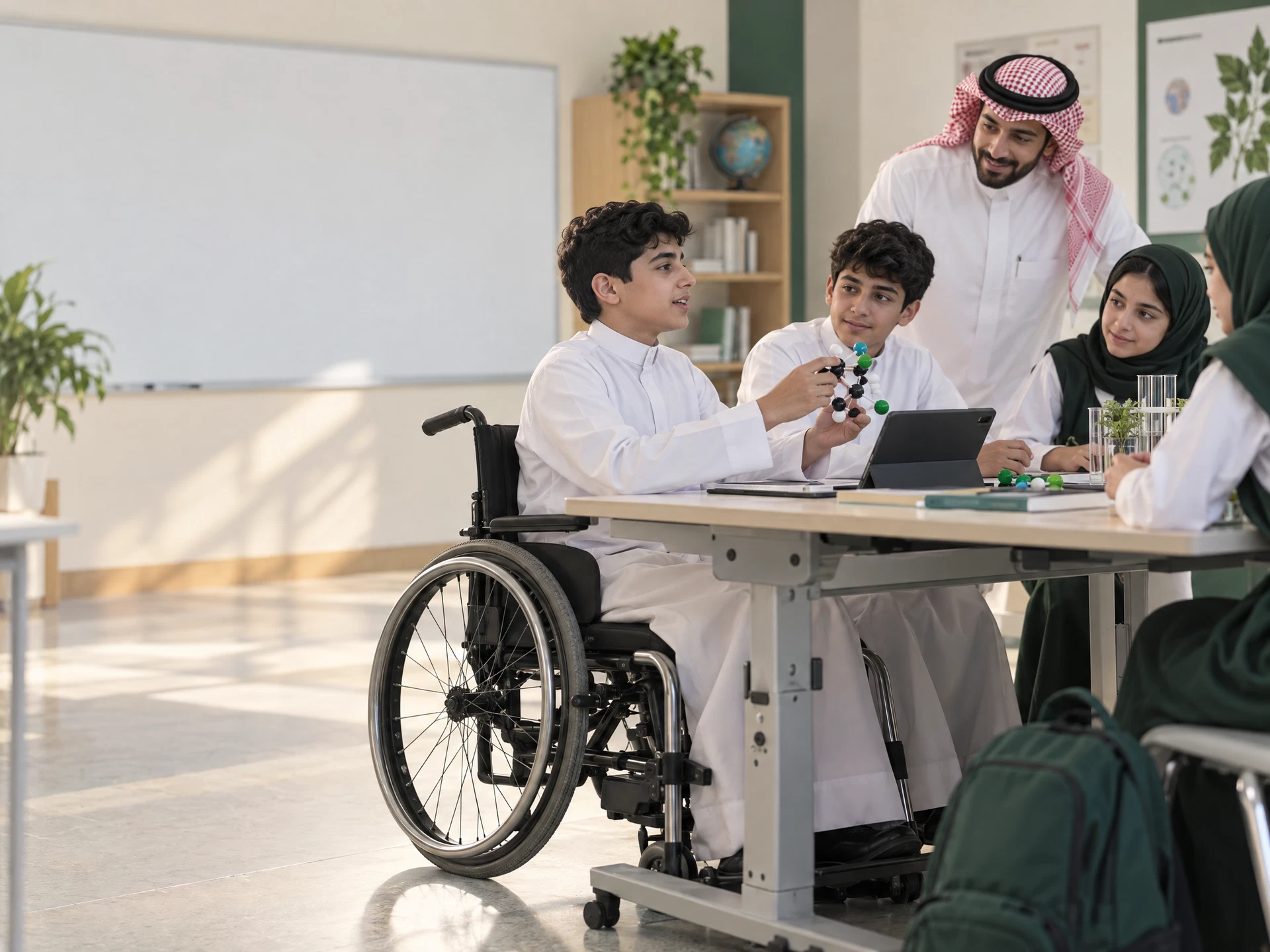 طالب سعودي يستخدم كرسيًا متحركًا ويشارك زملاءه نشاطًا علميًا