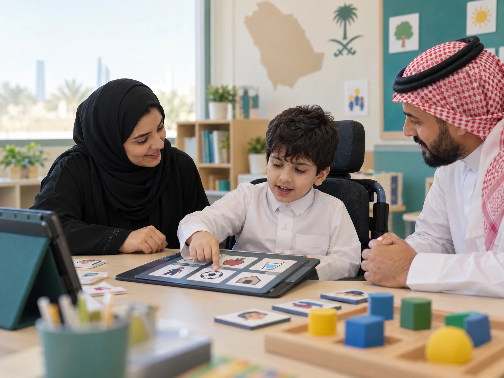 طالب سعودي يستخدم وسيلة تواصل مساندة مع فريق المدرسة