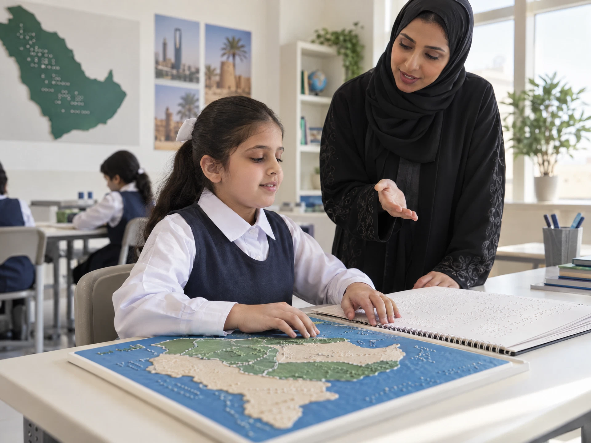 طالبة سعودية تستكشف مادة تعليمية بارزة قابلة للوصول